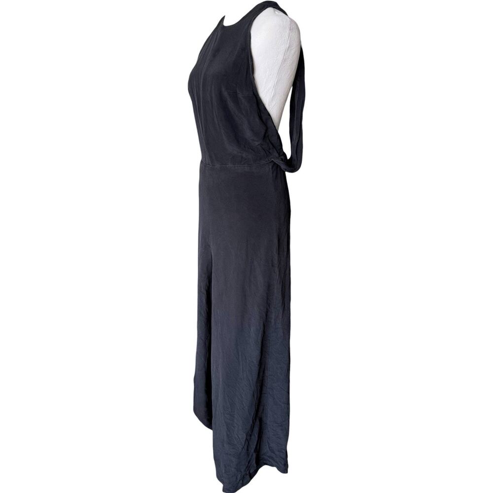 Vintage Pierre Cardin Silk Black Evening Gown High Slit Plunge Back Sleeveless